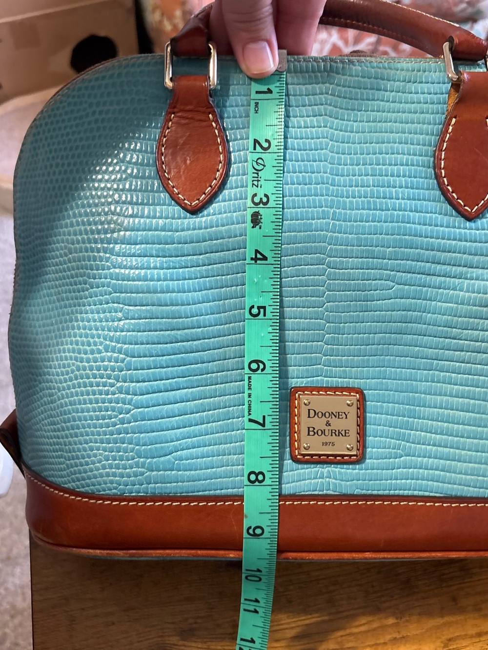 Dooney & Bourke Teal Pebble Grain “Zip Zip” Satchel with Brown Trim - Picture 13 of 16